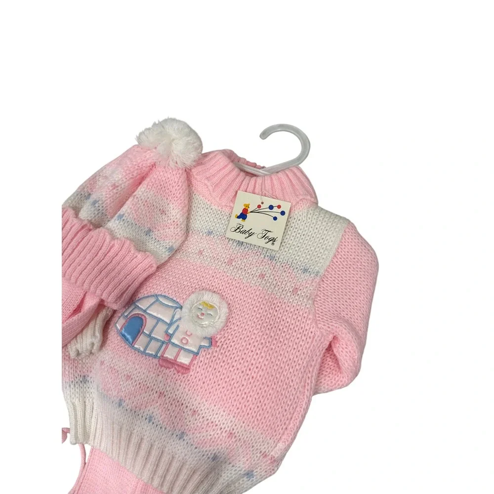 Vintage Baby Togs Pink Knit Sweater Pants Hat Set Pastel Winter 12 Months NWT